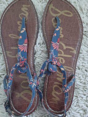 Sam Edelman Gigi Sandals Womens 8 Blue Floral T Strap Thong Ankle Strap Flat